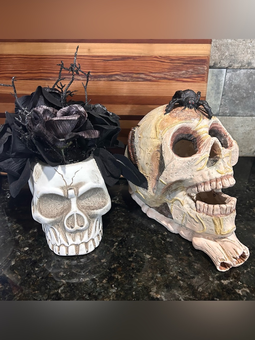 Vintage Halloween Skull Lamp Light Electric & Gothic Skull Black Floral Decor
